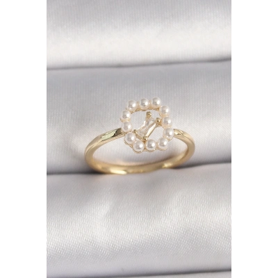 Pirinç Gold Renk Zirkon Taş Detaylı İncili Ayarlanabilir Yüzük