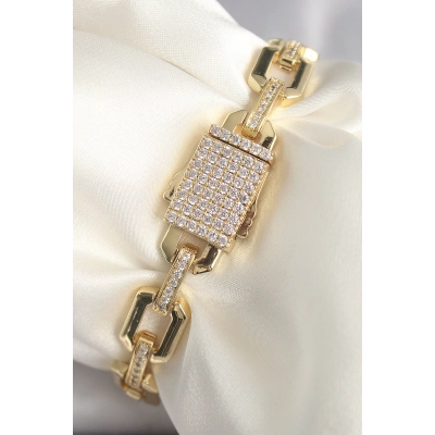 Pirinç Gold Renk Zirkon Taş Detaylı Kare Zincir Model Xuping VIP Exculusive Seri Kadın Bileklik