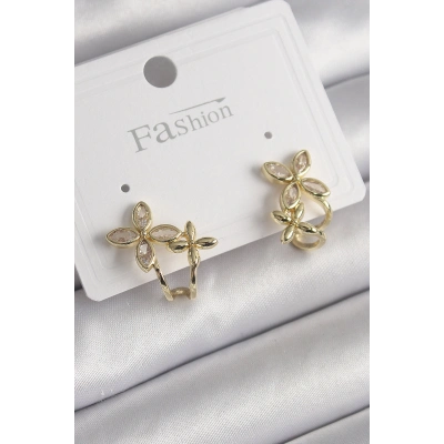 Pirinç Gold Renk Zirkon Taşlı 2Li Çiçek Model Kadın Küpe