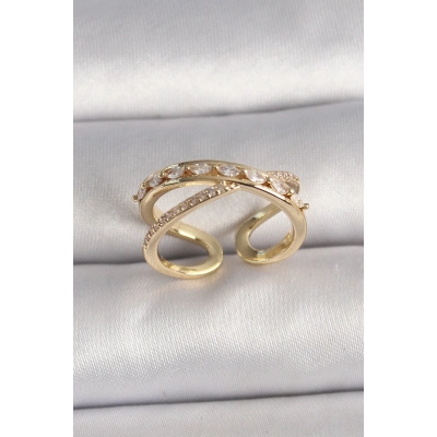 Pirinç Gold Renk Zirkon Taşlı Ayarlanabilir Kadın Yüzük