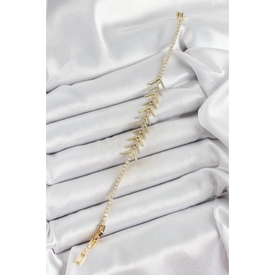 Pirinç Gold Renk Zirkon Taşlı Balık Sırtı Kadın Bileklik