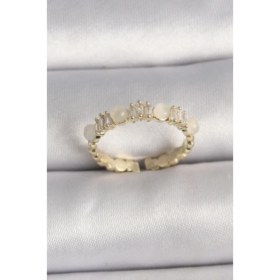 Pirinç Gold Renk Zirkon Taşlı Beyaz Mineli Ayarlanabilir Yüzük