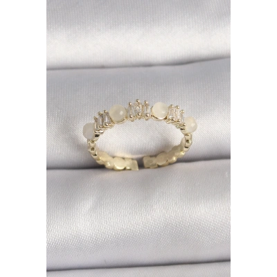 Pirinç Gold Renk Zirkon Taşlı Beyaz Mineli Ayarlanabilir Yüzük
