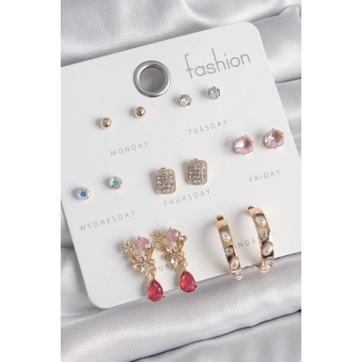 Pirinç Gold Renk Zirkon Taşlı Çiçek Figür İncili Halka Figür 7 Çift Kadın Küpe Seti