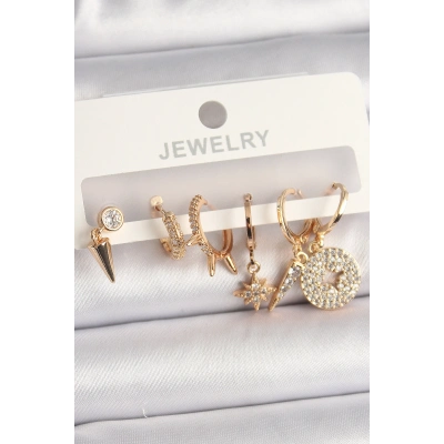 Pirinç Gold Renk Zirkon Taşlı Çoklu Figür Kadın Küpe Seti