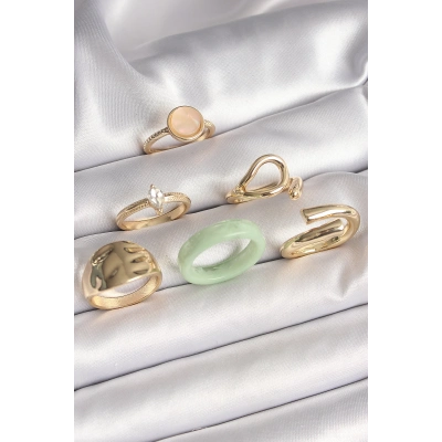 Pirinç Gold Renk Zirkon Taşlı Daire Pembe Mineli Detay 6Lı Kadın Yüzük Seti