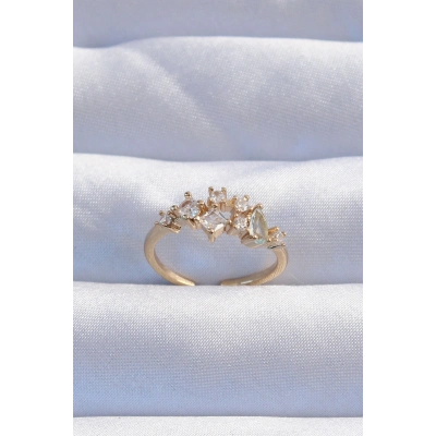 Pirinç Gold Renk Zirkon Taşlı Damla Detay Ayarlanabilir Yüzük