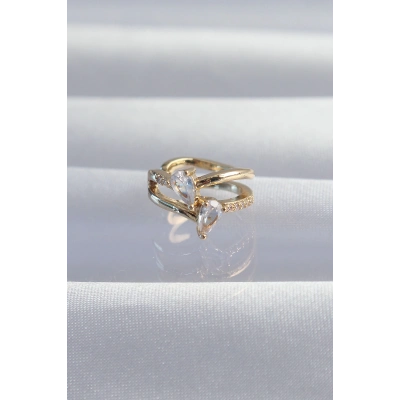 Pirinç Gold Renk Zirkon Taşlı Damla Earcuff Küpe