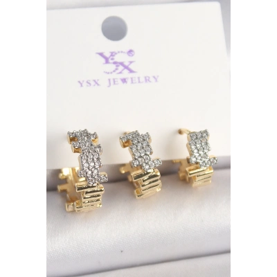 Pirinç Gold Renk Zirkon Taşlı Dorika Model 3Lü Kadın Kombin Küpe