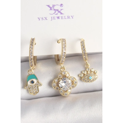 Pirinç Gold Renk Zirkon Taşlı Fatma Ana El Yonca Figür Göz Detay 3Lü Kadın Kombin Küpe