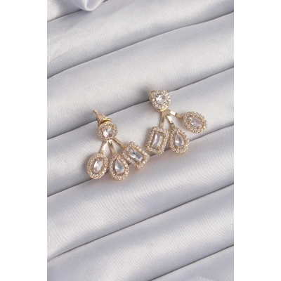 Pirinç Gold Renk Zirkon Taşlı Geometrik Model Küpe