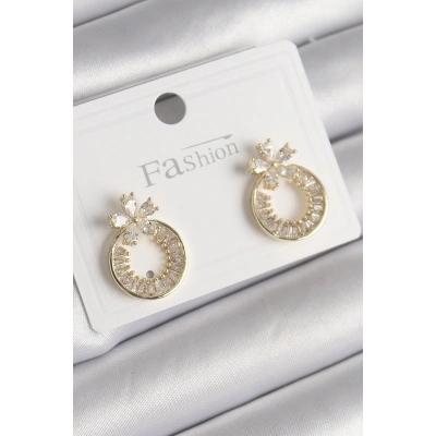 Pirinç Gold Renk Zirkon Taşlı Halka Model Çiçek Figür Kadın Küpe