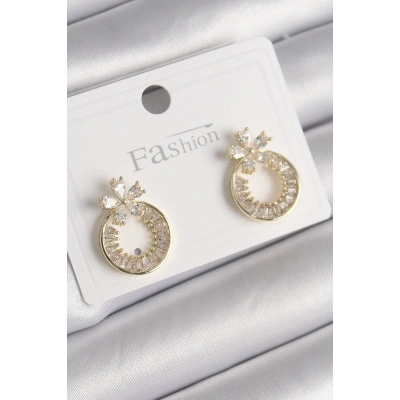 Pirinç Gold Renk Zirkon Taşlı Halka Model Çiçek Figür Kadın Küpe