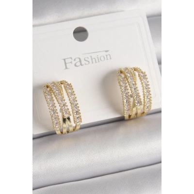 Pirinç Gold Renk Zirkon Taşlı Halka Model Kadın Küpe