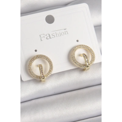 Pirinç Gold Renk Zirkon Taşlı Halka Model Kadın Küpe