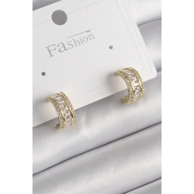 Pirinç Gold Renk Zirkon Taşlı Halka Model Kadın Küpe