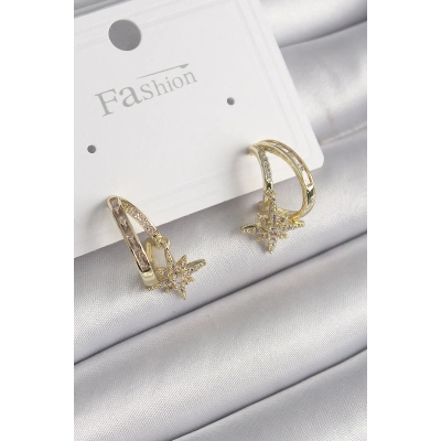 Pirinç Gold Renk Zirkon Taşlı Halka Model Yıldız Detay Kadın Küpe