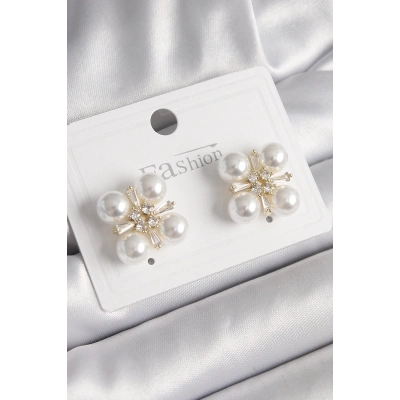 Pirinç Gold Renk Zirkon Taşlı İncili Kadın Küpe