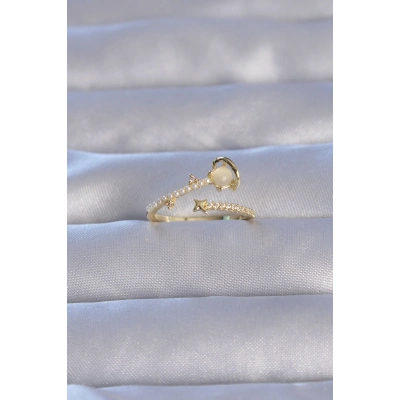 Pirinç Gold Renk Zirkon Taşlı İncili Satürn Model Ayarlanabilir Yüzük