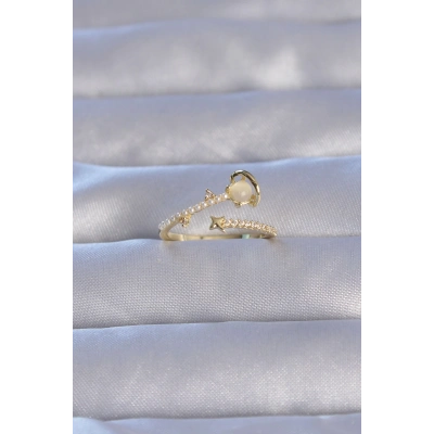 Pirinç Gold Renk Zirkon Taşlı İncili Satürn Model Ayarlanabilir Yüzük