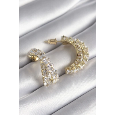 Pirinç Gold Renk Zirkon Taşlı Kadın Küpe