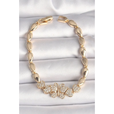 Pirinç Gold Renk Zirkon Taşlı Kelebek Figür Damla Zincir Model Kadın Bileklik