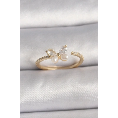 Pirinç Gold Renk Zirkon Taşlı Kelebek Mode İnci Detay Ayarlanabilir Yüzük
