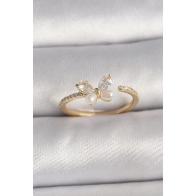 Pirinç Gold Renk Zirkon Taşlı Kelebek Mode İnci Detay Ayarlanabilir Yüzük