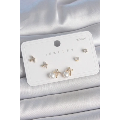 Pirinç Gold Renk Zirkon Taşlı Kelebek Model İnci Detay 925 Ayar Gümüş Çivi Kadın Küpe Seti