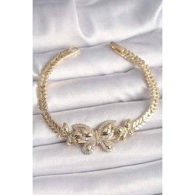 Pirinç Gold Renk Zirkon Taşlı Kelebek Model Kadın Bileklik