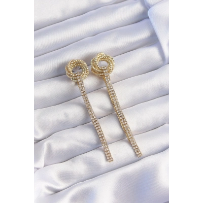 Pirinç Gold Renk Zirkon Taşlı Kıvrım Detay Sallantılı Küpe
