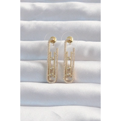 Pirinç Gold Renk Zirkon Taşlı Messika Küpe