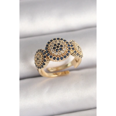 Pirinç Gold Renk Zirkon Taşlı Nazar Boncuk Model Ayarlanabilir Model Kadın Yüzük