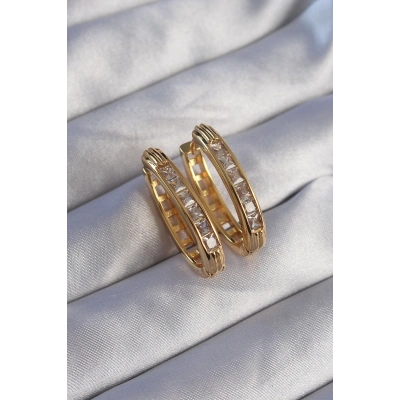 Pirinç Gold Renk Zirkon Taşlı Oval Model Küpe