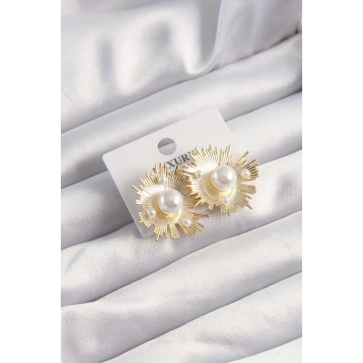 Pirinç Gold Renk Zirkon Taşlı Parlayan İnci Taneleri Küpe