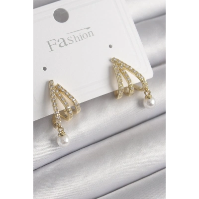 Pirinç Gold Renk Zirkon Taşlı Pençe Model İnci Detay Kadın Küpe