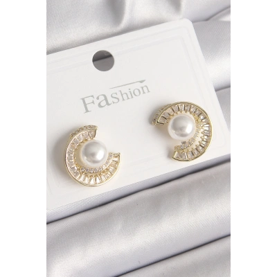 Pirinç Gold Renk Zirkon Taşlı Salyangoz Model İnci Detay Kadın Küpe