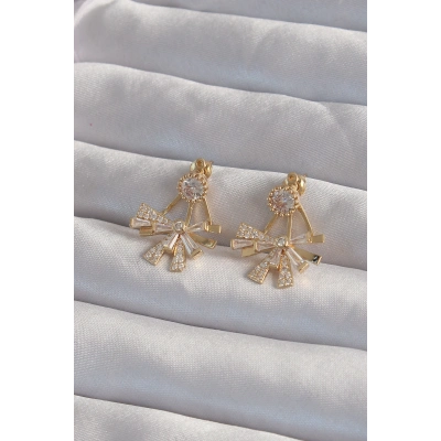 Pirinç Gold Renk Zirkon Taşlı Yassı Fiyonk Model Küpe