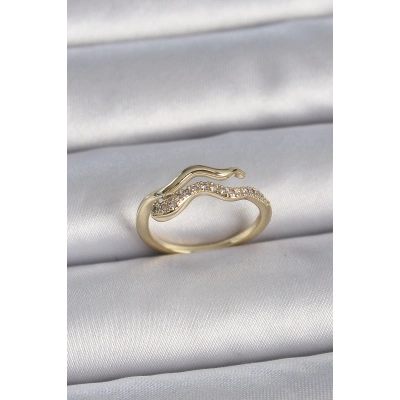 Pirinç Gold Renk Zirkon Taşlı Yılan Ayarlanabilir Model Kadın Yüzük