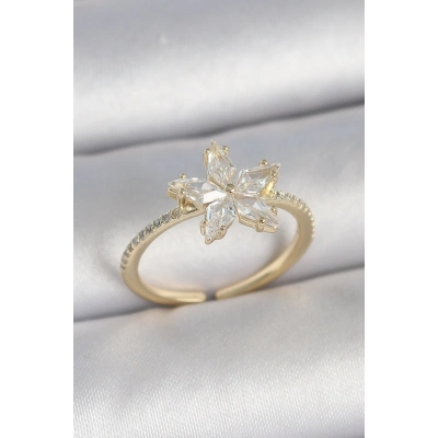 Pirinç Gold Renk Zirkon Taşlı Yıldız Model Ayarlanabilir Kadın Yüzük