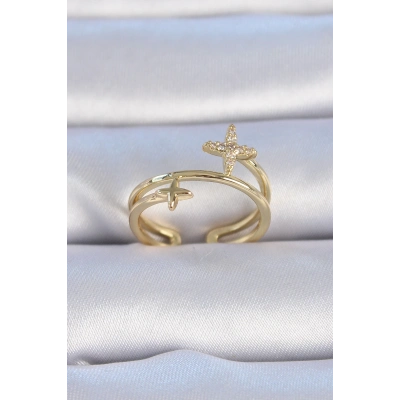 Pirinç Gold Renk Zirkon Taşlı Yıldız Model Kadın Yüzük