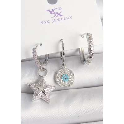 Pirinç Gold Renk Zirkon Taşlı Yıldız Model Nazar Boncuk Detay 3Lü Kadın Kombin Küpe