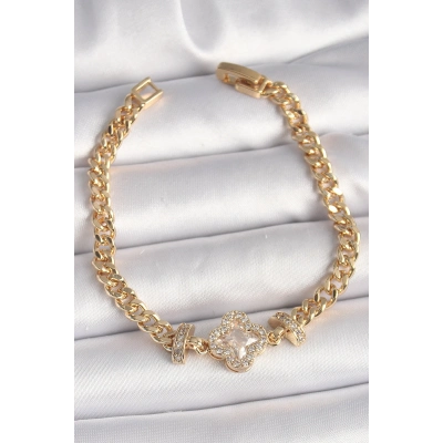 Pirinç Gold Renk Zirkon Taşlı Yonca Figür Zincir Model Kadın Bileklik