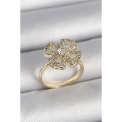 Pirinç Gold Renk Zirkon Taşlı Yonca Model Ayarlanabilir Kadın Yüzük