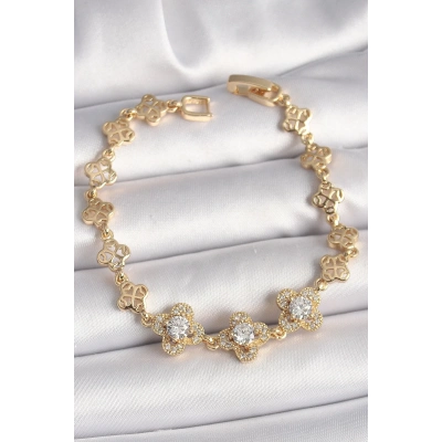 Pirinç Gold Renk Zirkon Taşlı Yonca Model Kadın Bileklik