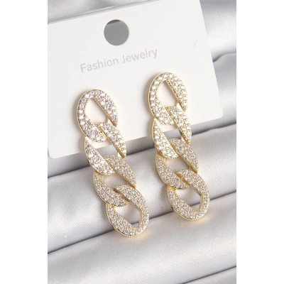 Pirinç Gold Renk Zirkon Taşlı Zincir Model Kadın Küpe