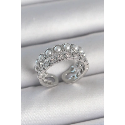 Pirinç Gümüş Renk 2Li Sıra Zirkon Taşlı Ve İncili Ayarlanabilir Kadın Yüzük