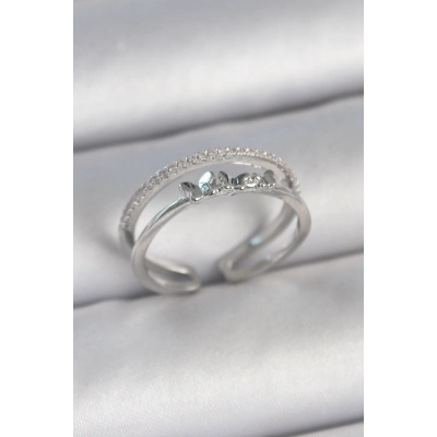 Pirinç Gümüş Renk 2Li Zirkon Taş Detaylı Kelebek Figür Ayarlanabilir Model Kadın Yüzük