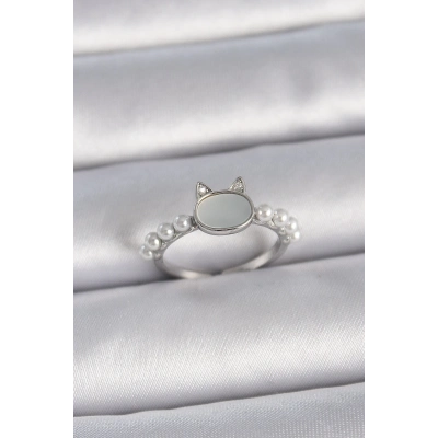 Pirinç Gümüş Renk Ayarlanabilir Beyaz Mineli Kedi Model İnci Detay Kadın Yüzük