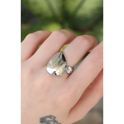 Pirinç Gümüş Renk Ayarlanabilir İri Bombeli Yüzük